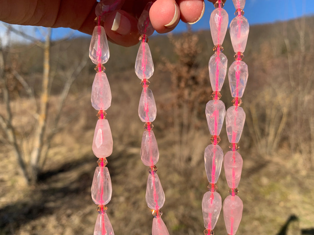 Perles en quartz rose, forme goutte facettées 8 x 16mm
