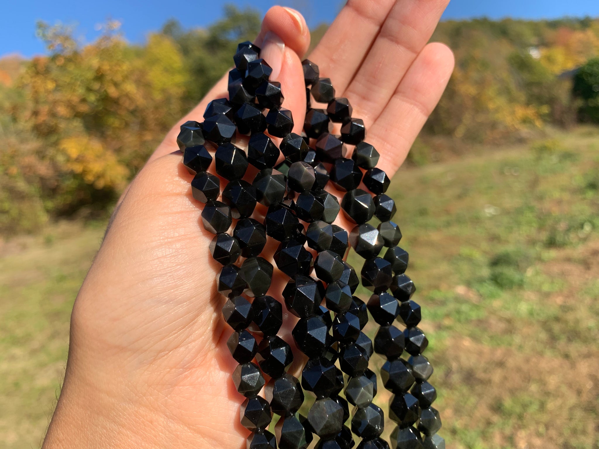 Lot De Perles En Obsidienne Noire Arc-en-ciel Facettées - Environ 88 Pièces, Fil 39 Cm, Neuf